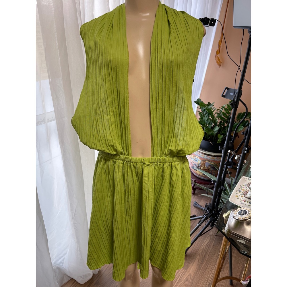 Lime Green Plisse Open Back Halter Mini Dress 3XL Crinkle Texture Tie Back